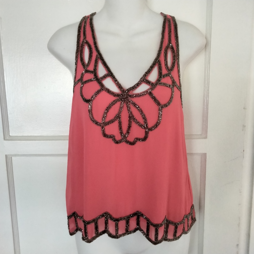 Lipsy London Embellished Beaded Coral Sheer Tank Top Size US 4